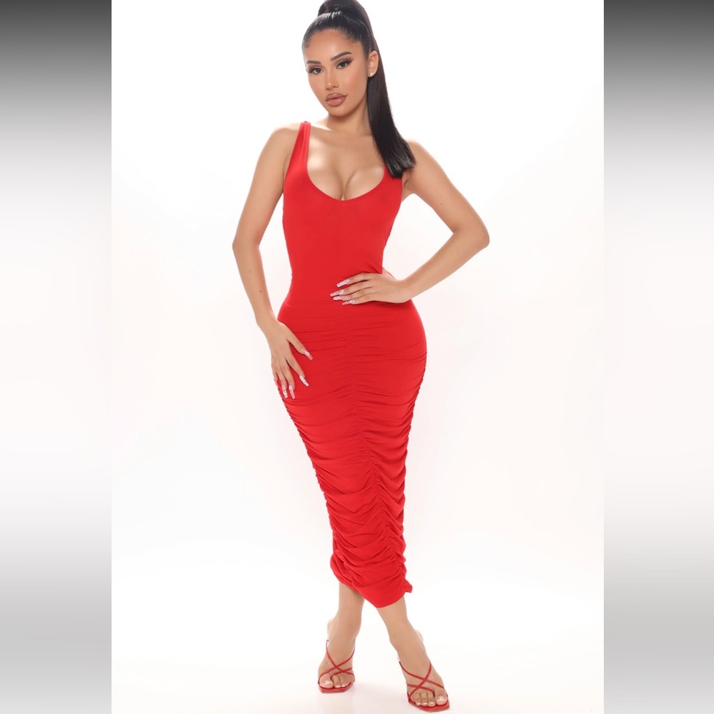 Fashion Nova Chasing Desire Red Ruched Midi Dress